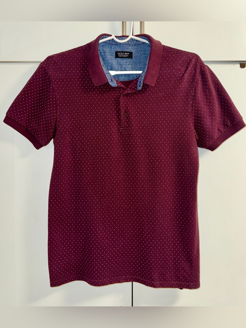 Zara Polka Dot Burgundy Polo Shirt w. Denim Trim MEDIUM